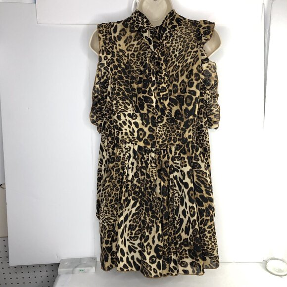 Oh Polly Open Shoulder Leopard Animal Print Mini Dress Size 2 Balloon Sleeves - Picture 2 of 6